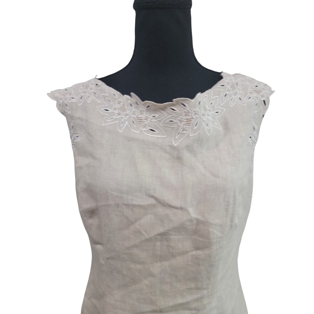 Linen Eyelet Embroidered Sheath Dress Sleeveless Beige Oatmeal Knee Length - Picture 3 of 5